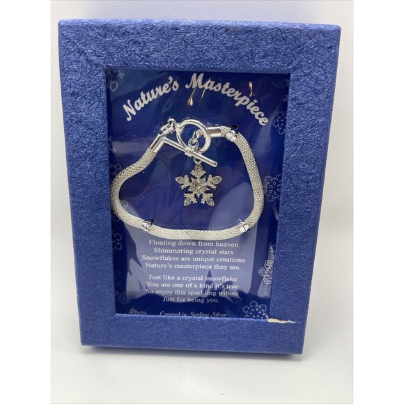 Natures Masterpiece Silver Mesh Chain Bracelet Rhinestone Snowflake Charm New - Picture 2 of 5